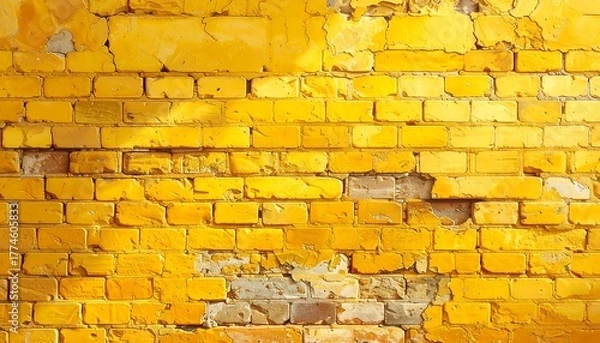 Fototapeta Close-up of aged yellow bricks, featuring weathered texture with variations in color and some damaged sections