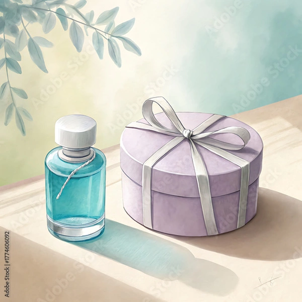 Fototapeta Luxurious perfume bottle next to a round gift box tied with a ribbon elegant presentation illustration