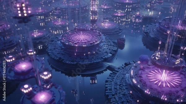 Fototapeta futuristic glowing underwater city architecture
