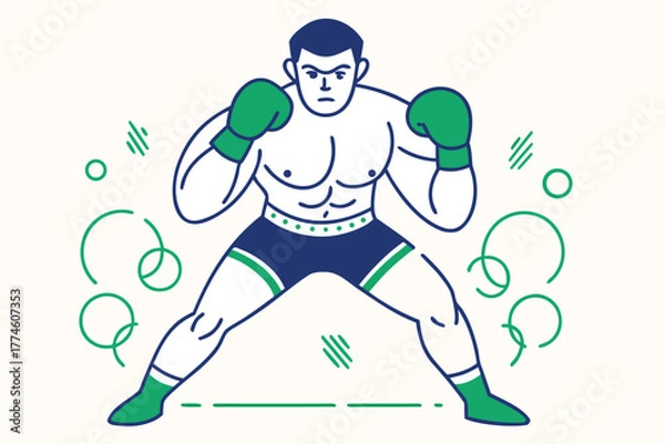 Fototapeta A muscular boxer with gloves is ready to fight in the ring with determination