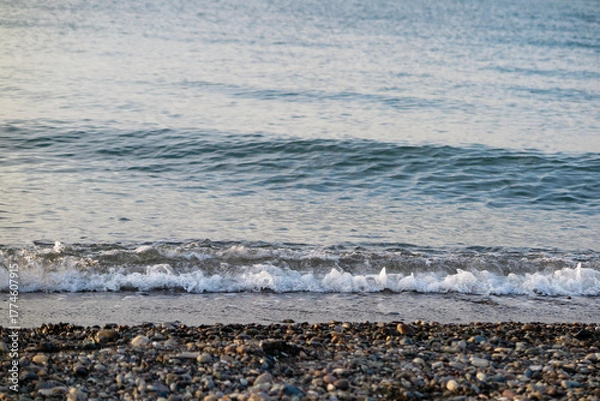 Obraz Wave in white foam on a pebble beach. Sea landscape.