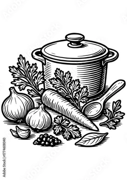 Fototapeta Black and white vector kitchen scene with a pot of soup surrounded by vegetables like carrots and onions — perfect for engraving and prints