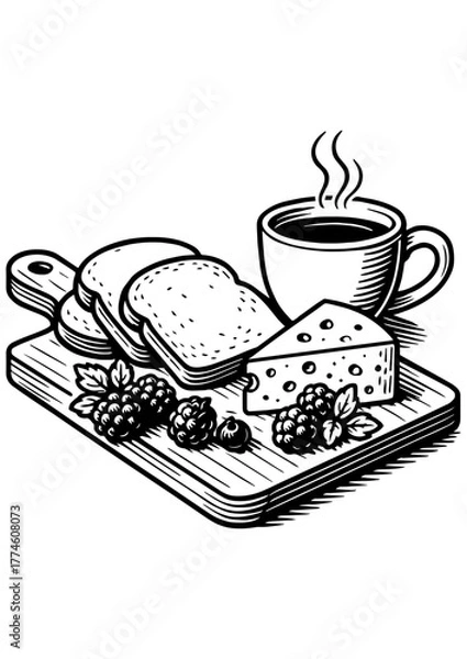 Fototapeta Black and white vector kitchen scene with a breakfast cutting board, bread, and coffee — perfect for engraving, prints, and creative projects