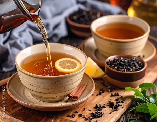 Fototapeta Close-up of amber liquid pouring from a glass server into a ceramic teacup, a lemon slice inside