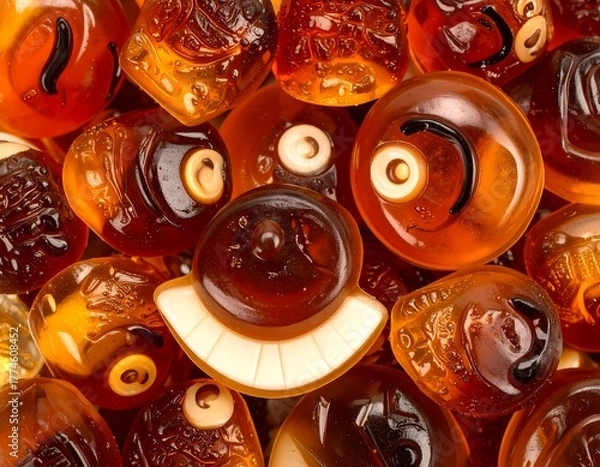 Fototapeta Close-up of amber-hued candies, some shaped like eyes, others with rounded forms. Gummy texture with highlights