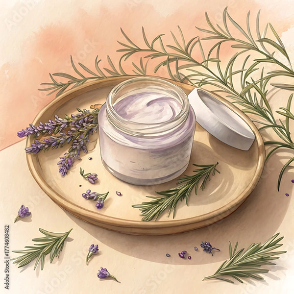 Obraz Gentle cream jar with lavender and rosemary sprigs in soft hand-painted digital style illustration