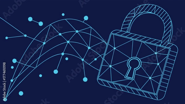 Fototapeta A modern, abstract depiction of cybersecurity featuring a padlock connected to a network, symbolizing data protection and digital security in the online world