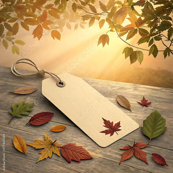 Fototapeta Empty autumn sale tag surrounded by fallen leaves in golden hour sunlight illustration