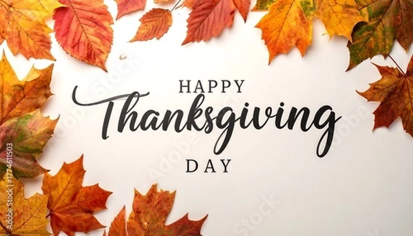 Fototapeta Happy Thanksgiving Day with Autumn Leaves Border on White Background.