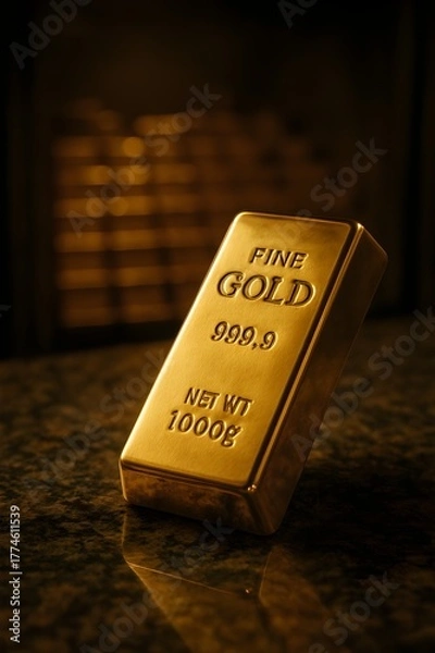 Fototapeta a shimmering golden bar resting on a bed of polished granite. Behind the bar, a softly blurred vault filled with similar gold bars extends into the darkness