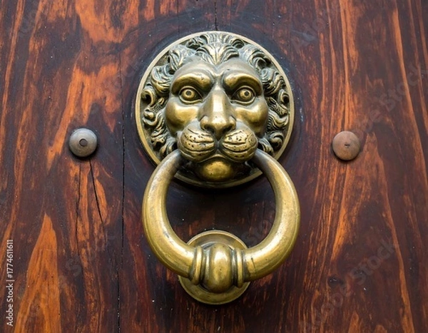 Fototapeta Close-up of an aged wooden door with a bronze lion-head door knocker. The dark wood has interesting grain