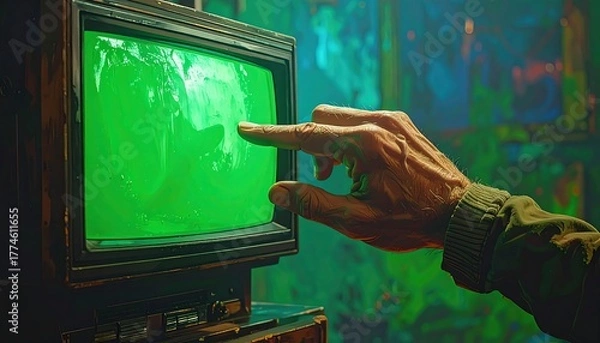 Fototapeta Close-up of an aged hand touching a classic, outdated TV screen glowing green, set against a blurry, colorful backdrop