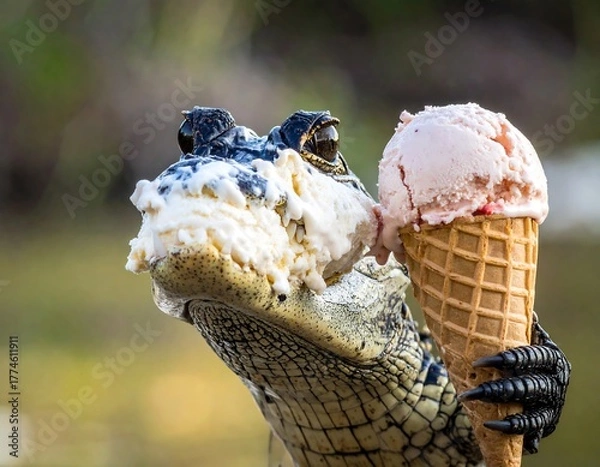 Obraz Close-up of an alligator enjoying ice cream. The reptile holds a cone with a scoop of pink and white ice cream, appearing to eat it