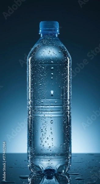 Obraz Clear plastic bottle of pure water sweating with condensation, reflecting light on a bright surface, essential for hydration and health ,wellness ,healthy ,thirst