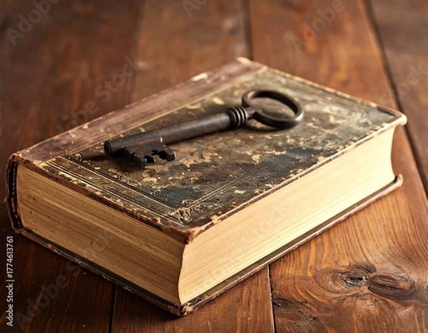 Fototapeta Close-up of an antique key resting on a weathered, aged book placed on a rustic wooden table. The composition evokes themes of knowledge