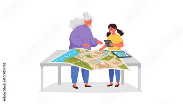 Fototapeta Generational Travel Planning: Older woman and young girl using a physical map and digital tablet to navigate an adventure route.