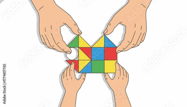 Fototapeta Intergenerational teamwork: Adult and child hands collaborate to build a colorful geometric house structure from vibrant blocks.