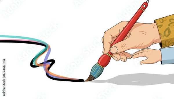 Fototapeta Vector illustration of a hand holding a paintbrush, creating dynamic, colorful strokes, symbolizing creativity, design, and artistic expression on a white background.