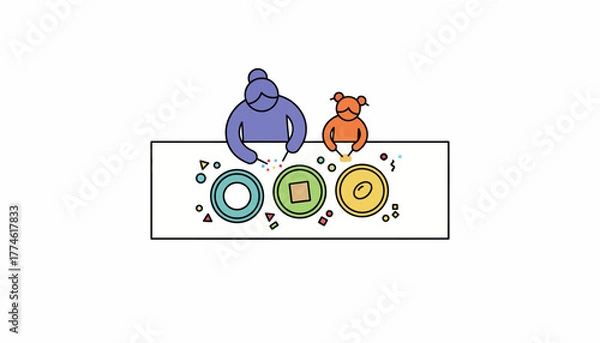 Fototapeta Simple Flat Illustration of Mother and Child Bonding While Crafting or Cooking Together