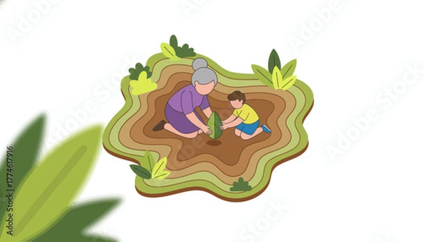 Fototapeta Grandmother and grandson planting a large seed in layered earth, symbolizing sustainability, growth, and intergenerational family legacy.
