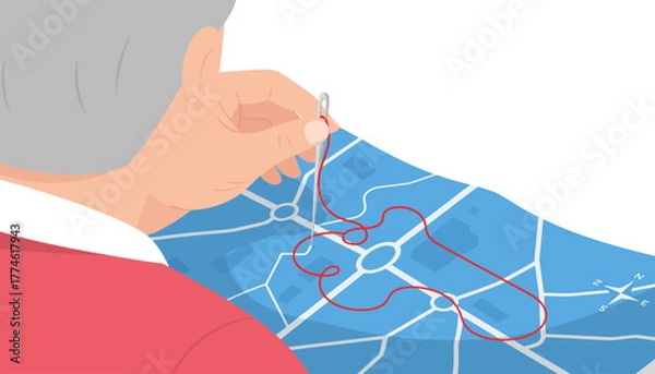 Fototapeta Complex Strategy and Route Planning: Senior Hand Sewing a Red Thread Path onto a Blue City Map, Illustrating Detailed Navigation and Execution