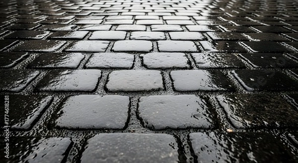 Fototapeta Wet Cobblestone Path Texture After Rain