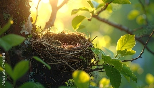 Fototapeta Close-up of an empty woven bird's home nestled in a tree, bathed in golden sunlight. Focus on natural details