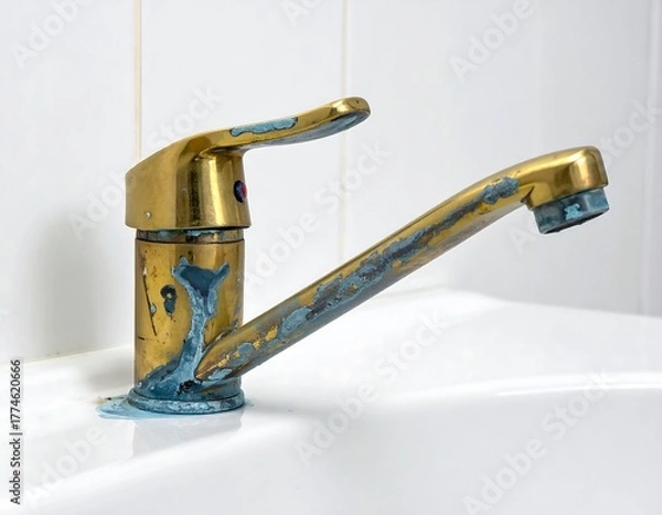 Fototapeta Close-up of an old, tarnished faucet with evident corrosion, set against a backdrop of white tiles and a porcelain sink