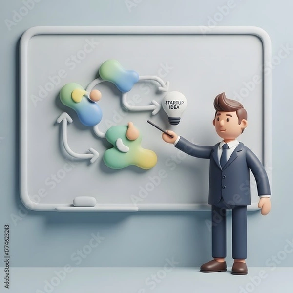 Fototapeta Engaging 3D illustration of a businessman presenting a colorful startup idea development process on a whiteboard, symbolizing strategic business innovation and project lifecycle