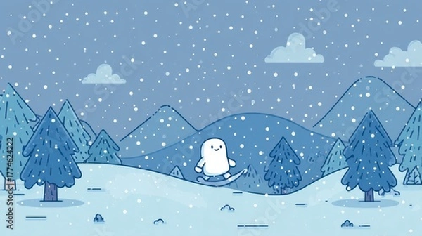 Fototapeta Cartoon character snowboarding in snowy landscape with transparent background