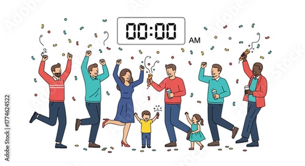 Fototapeta Celebrating New Year's Eve A Festive Gathering with Joyful People and Fireworks