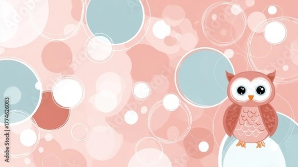 Obraz Cartoon owl illustration with abstract background of circles and bubbles in soft colors