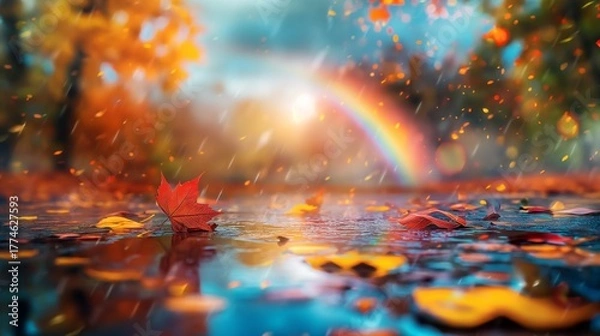 Fototapeta 雨上がりの虹と、濡れた地面の紅葉