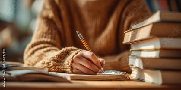 Fototapeta Academic Focus Theme: College student writing notes at wooden desk surrounded by stacked textbooks

