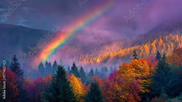 Fototapeta 霧の森とカラフルな紅葉、幻想的に輝く虹