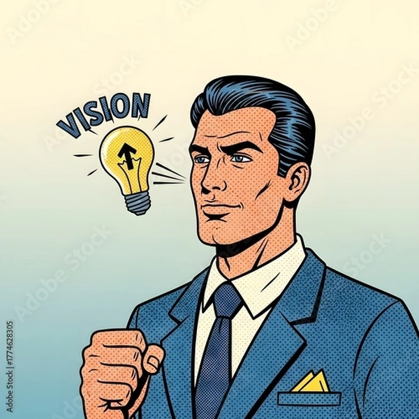 Obraz Pop art illustration of a confident businessman with a glowing lightbulb vision, symbolizing a successful idea and leadership