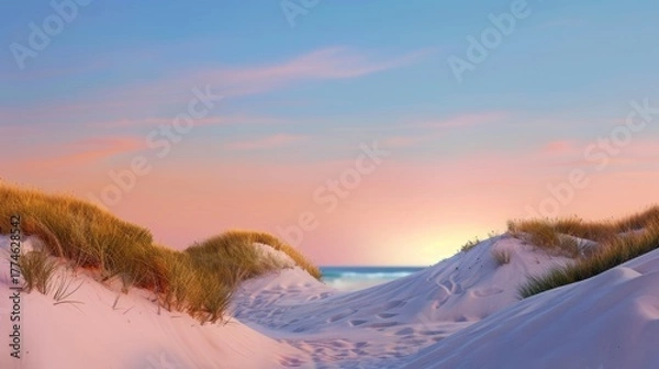 Obraz Serene Sunset Over Sandy Dunes with Soft Grass and Gentle Waves in Tranquil Coastal Landscape
