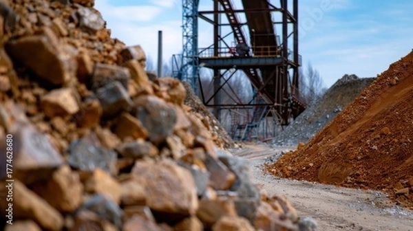 Fototapeta Industrial Landscape with Mining Equipment, Piles of Rocks and Gravel in a Quarry Operation under Blue Sky