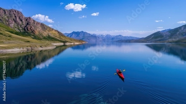 Fototapeta Serene Kayaking Adventure in Tranquil Lake Surrounded by Majestic Mountains and Clear Blue Sky