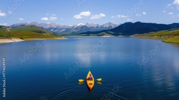 Fototapeta Serene Kayaking Adventure on a Tranquil Lake Surrounded by Majestic Mountains and Clear Blue Sky