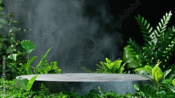 Obraz Green Natural Background with Stone Platform Surrounded by Lush Plants and Fog for Display or Product Presentation