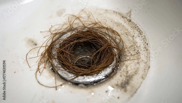 Obraz Hair nest in bathroom sink drain with dirt and grime  