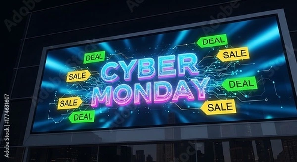 Fototapeta Cyber monday sale sign with neon lights and circuit board design