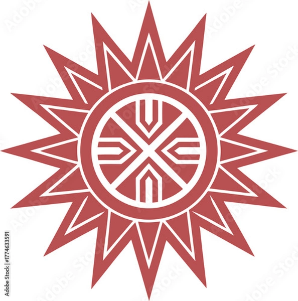 Fototapeta Red Sun Symbol With Geometric Pattern Keywords: sun, symbol, red, white background, geometric