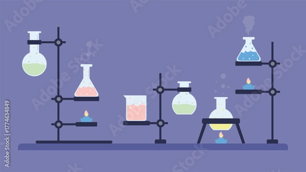 Fototapeta Flat style chemistry lab illustration with colorful liquids in flasks and beakers over a purple background showing scientific experiment concept for education and research themes