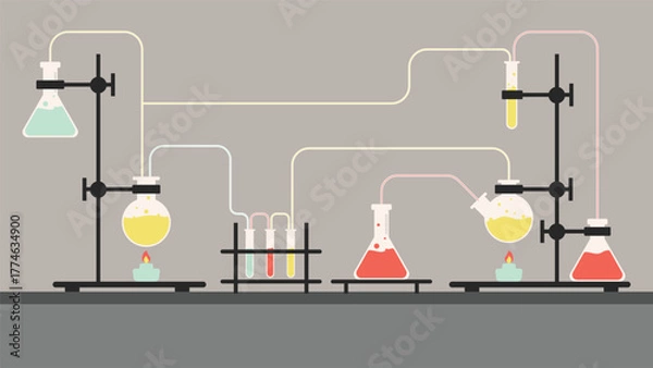 Fototapeta Minimal flat style chemistry lab illustration showing flasks, beakers, and test tubes with colorful liquids connected through pipes on a light background for science concepts