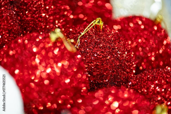 Obraz Red glitter Christmas ornaments close-up
