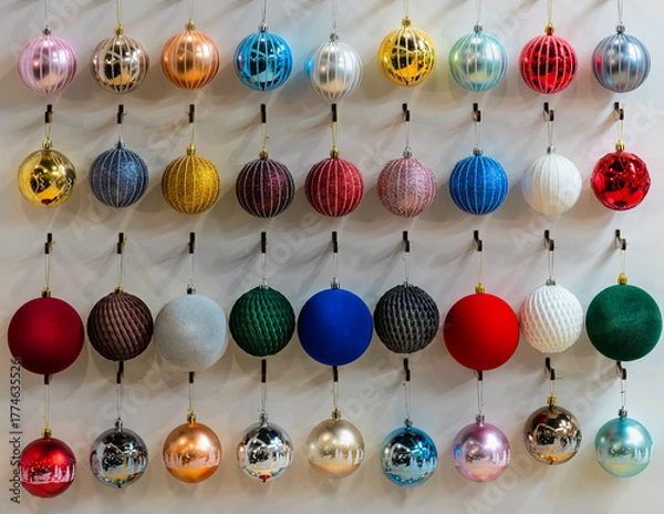 Obraz Collection of colorful Christmas baubles displayed on wall