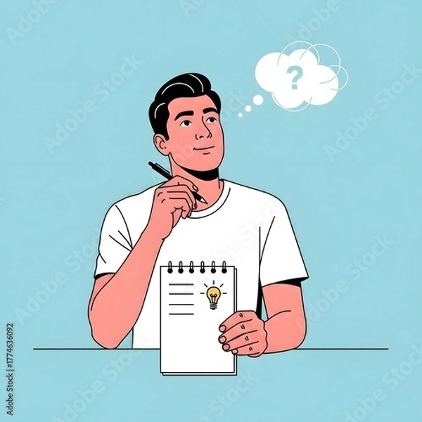 Fototapeta Man with an Idea Illustration of a Person Contemplating with a Question Mark and Lightbulb