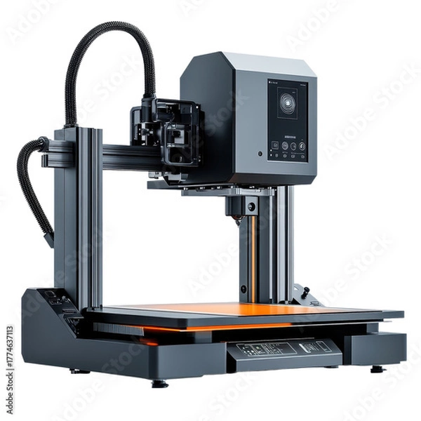 Fototapeta Modern 3d printer with orange print bed and black frame for rapid prototyping and manufacturing use on transparent background